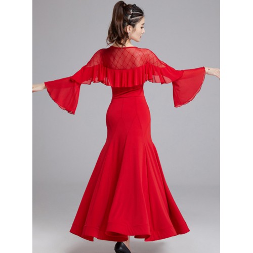 Black red competition ballroom dance dress for women girls tulle mesh patchwork long flare sleeves waltz tango foxtrot dance long dress for female